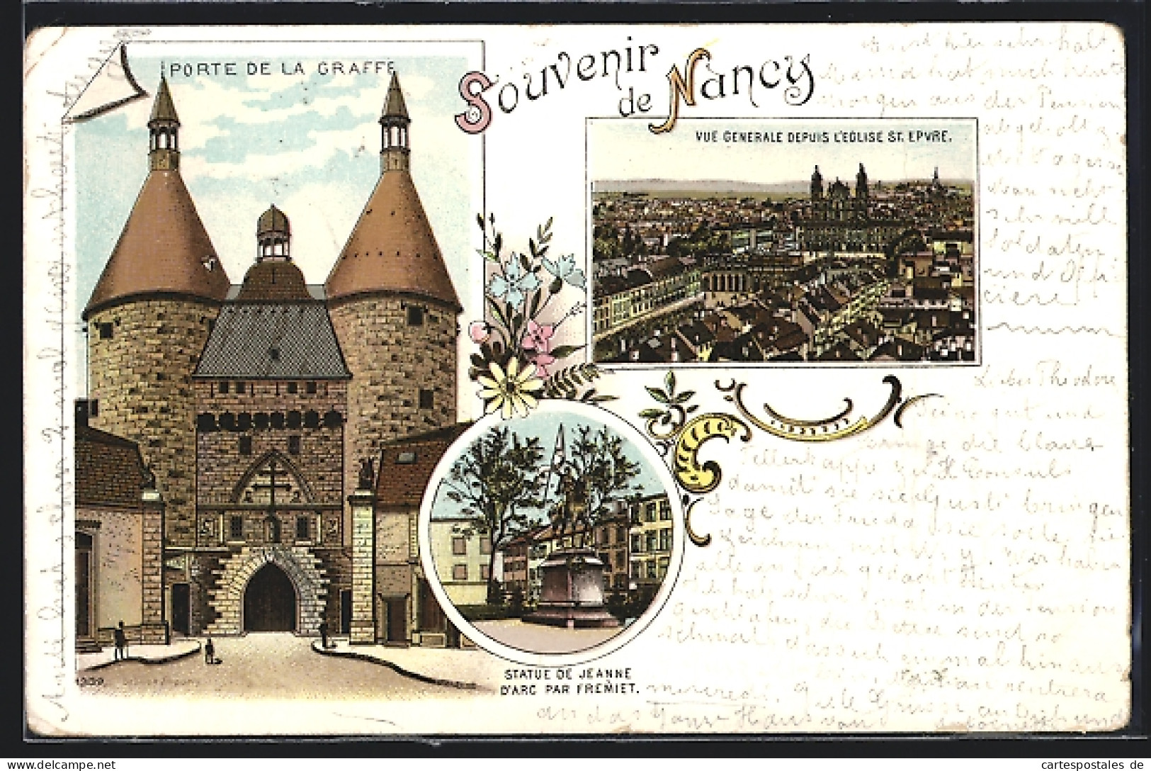 Lithographie Nancy, Vue Générale Depuis L`Eglise St. Epure, Porte De La Graffe, Statue De Jeanne D`Arc Par Fremiet  - Nancy