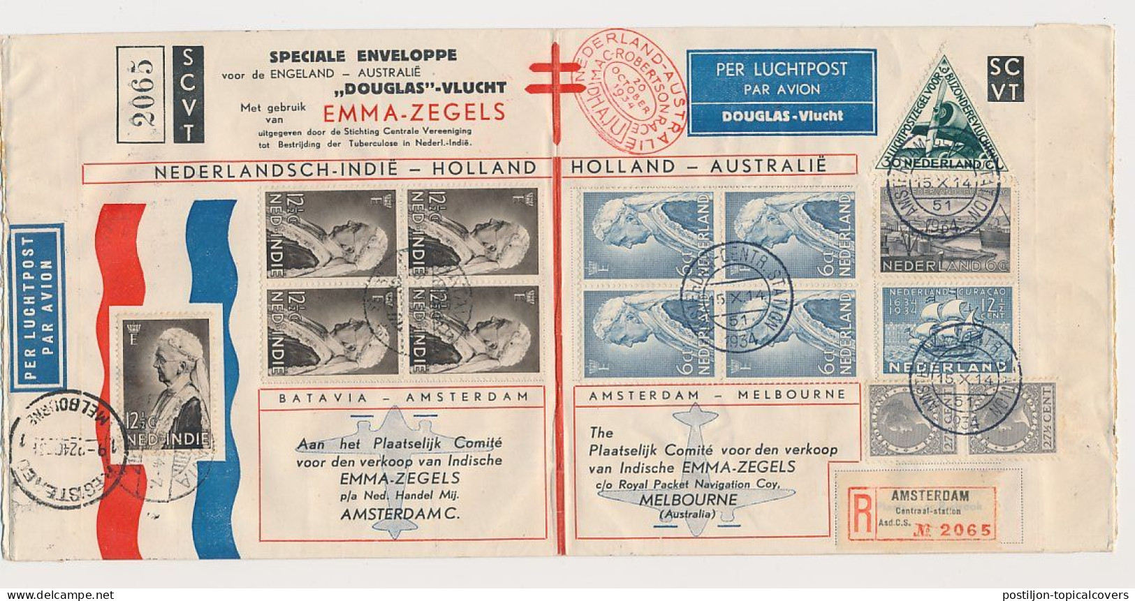 Amsterdam - Batavia Nederlands Indie - Melbourne Australie 1934 V.v. - KLM - Douglas - Emma - TBC - Tuberculosis - Niederländisch-Indien