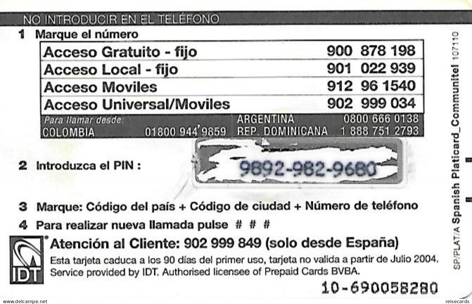 Spain: Prepaid IDT - Platicard, €10 07.04 - Andere & Zonder Classificatie