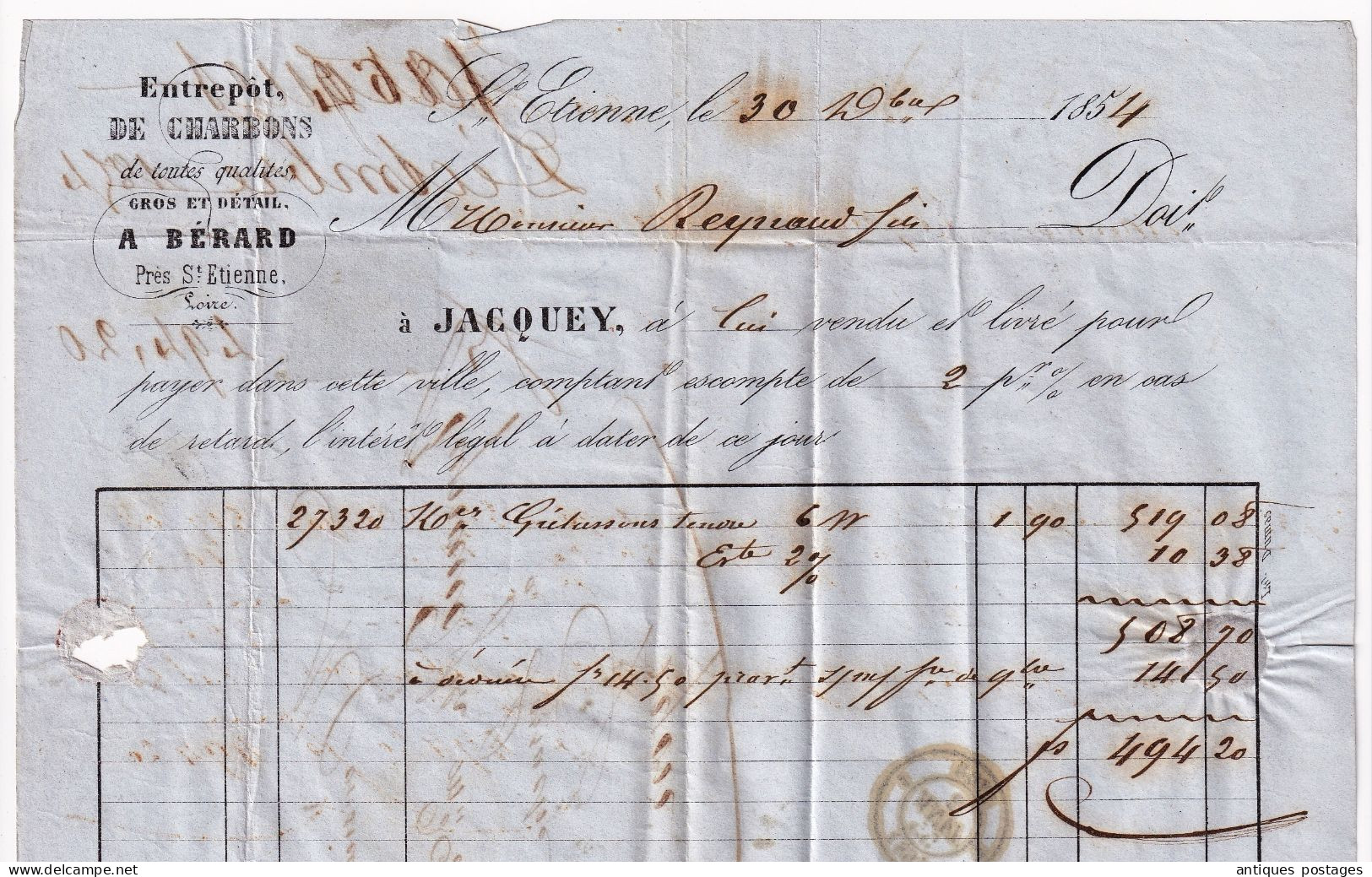 Lettre 1855 Saint Étienne Bérard Raynaud Marchand de Charbon Lyon Timbre Napoléon III non dentelé avec voisin