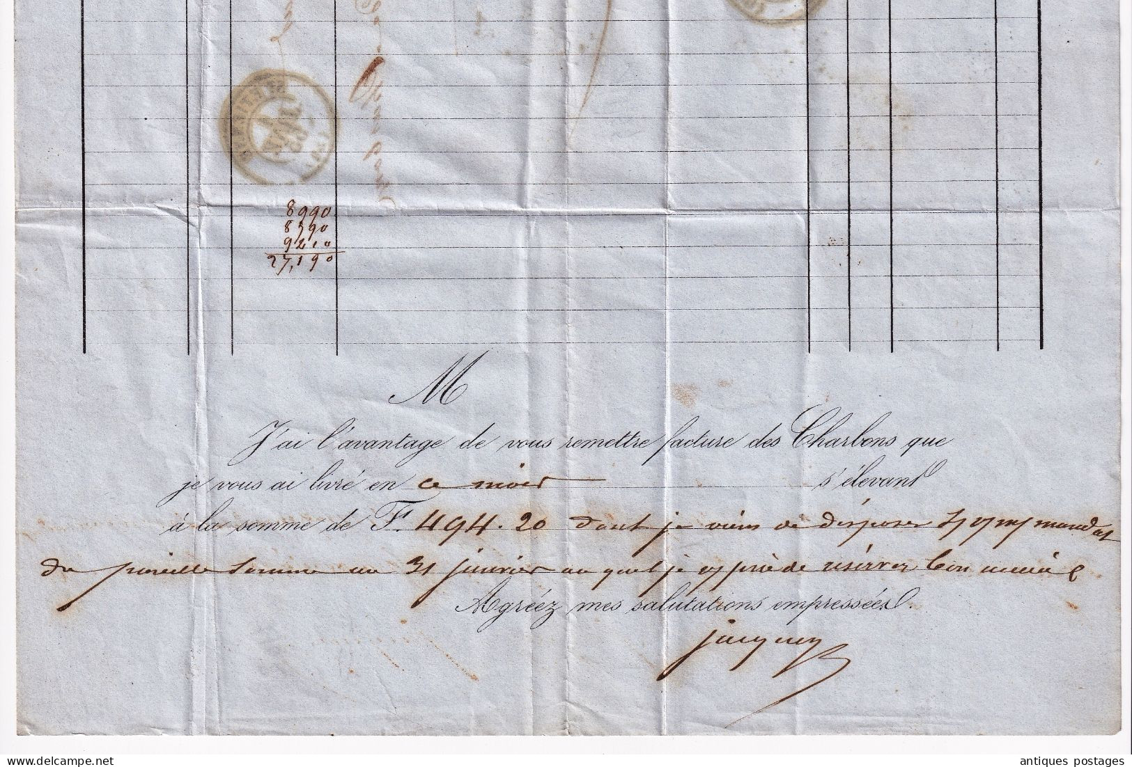 Lettre 1855 Saint Étienne Bérard Raynaud Marchand de Charbon Lyon Timbre Napoléon III non dentelé avec voisin