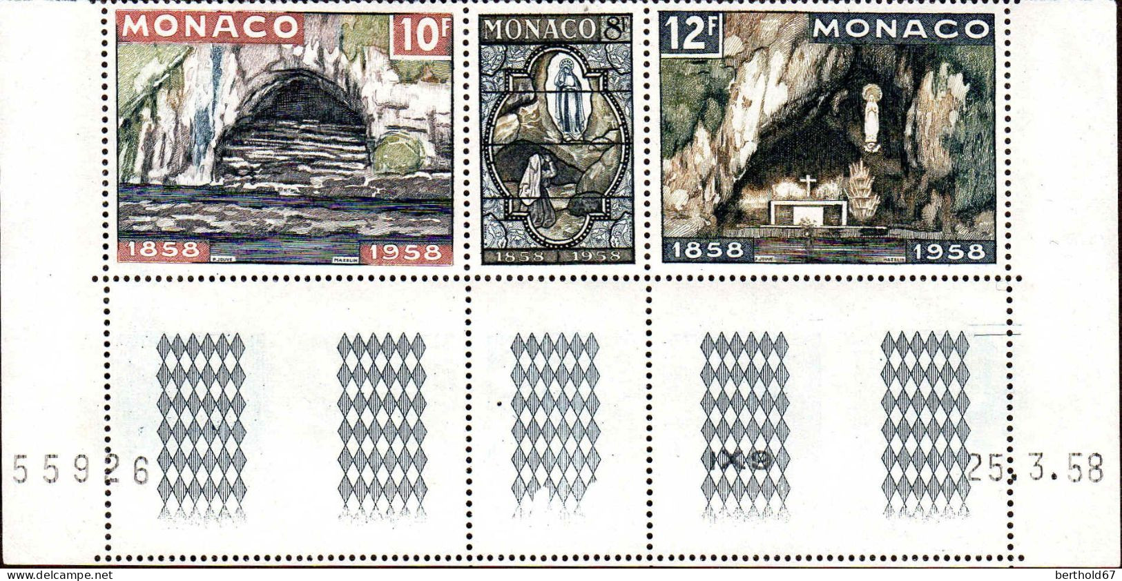 Monaco Poste N** Yv: 498A Mi:596A Grotte De Massabielle Tryptique Coin D.feuille Daté 25-3-58 - Neufs