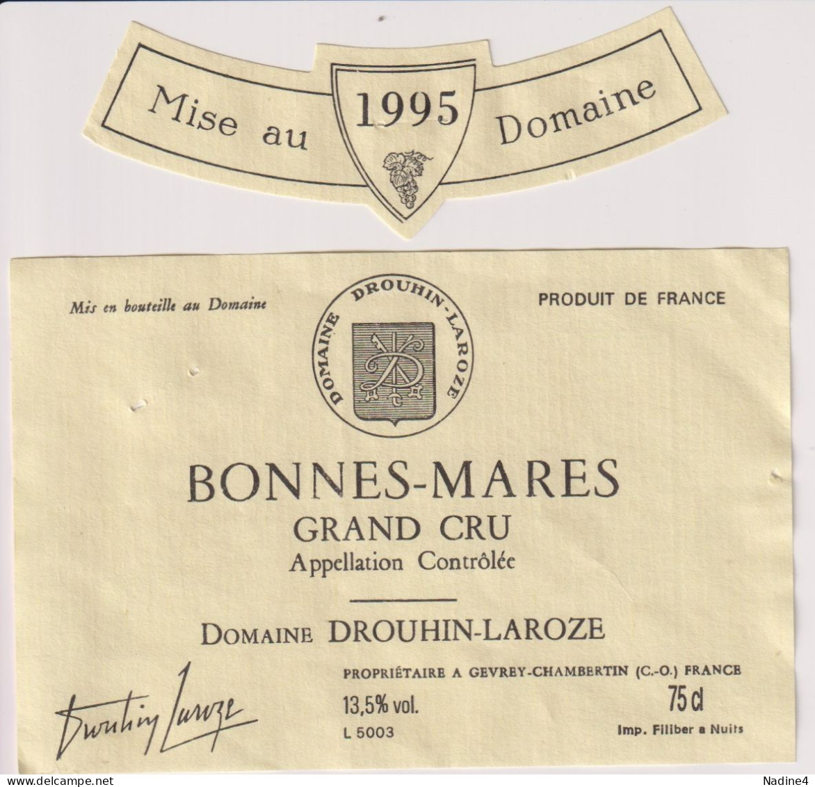 Etiket Etiquette - Vin Wijn - Bonnes Mares , Domaine Drouhin Laroze - 1995 - Other & Unclassified