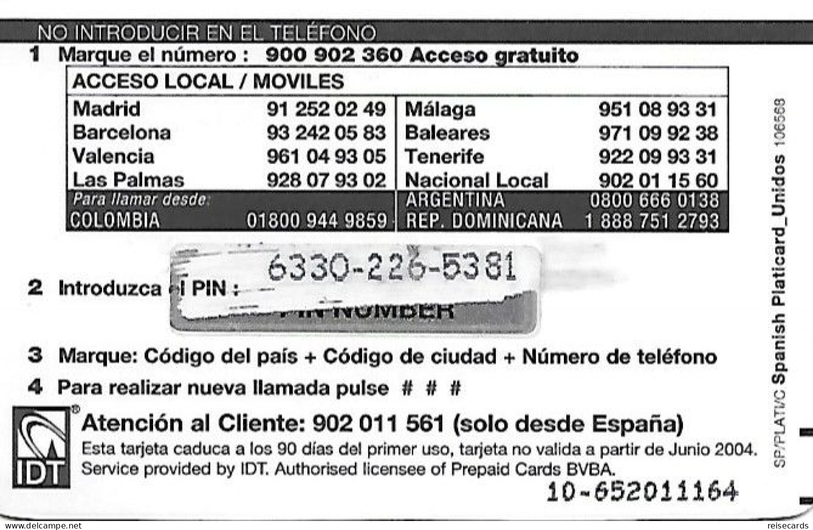 Spain: Prepaid IDT - Platicard, €10 Ptas1664 06.04 - Autres & Non Classés