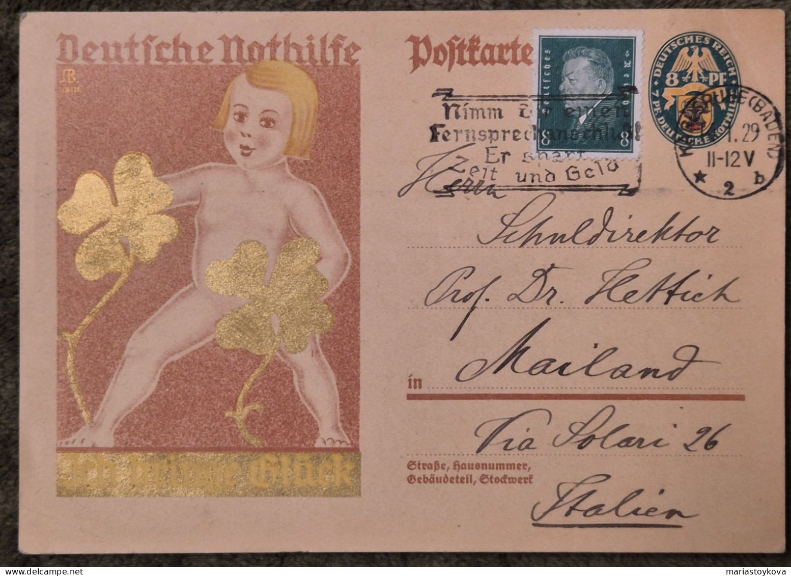 1929.Aus Karlsruhe Nach Mailand. Deutsche Nothilfe, Ich Bringe Glück, 8 Pfennig - Cartes Postales