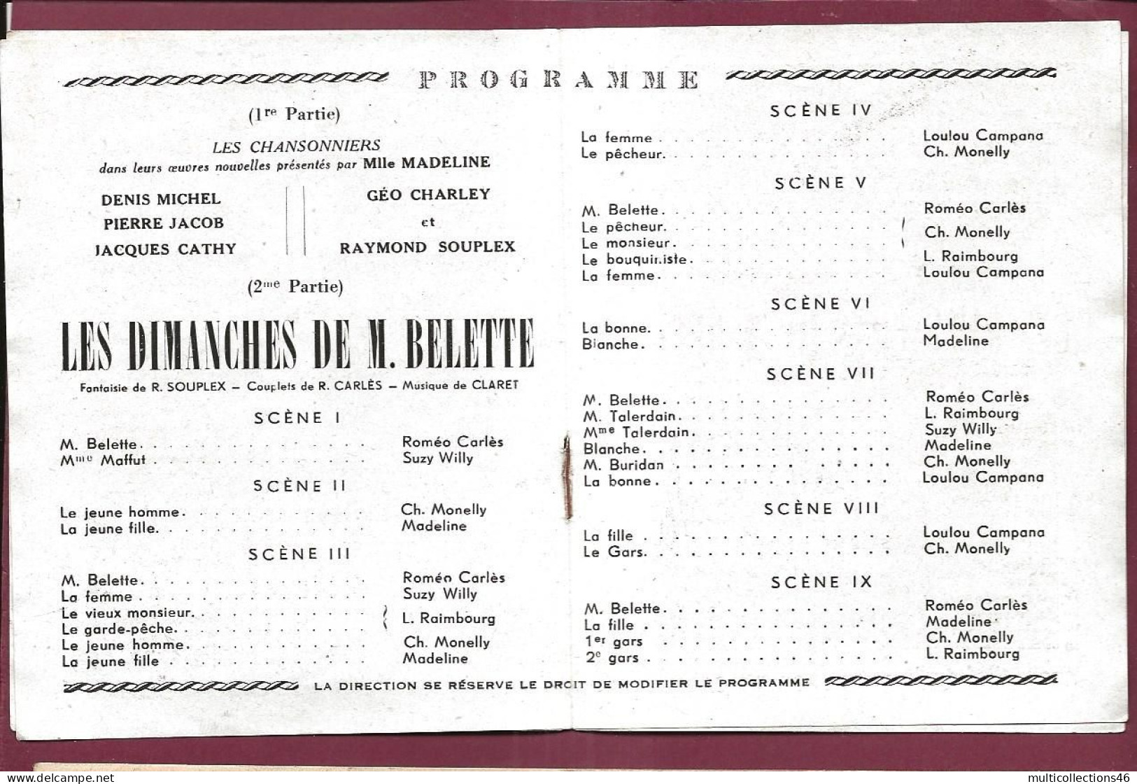 150524 - PROGRAMME CABARET DU RIRE LE COUCOU - Dimanches De M. BELETTE - Programs