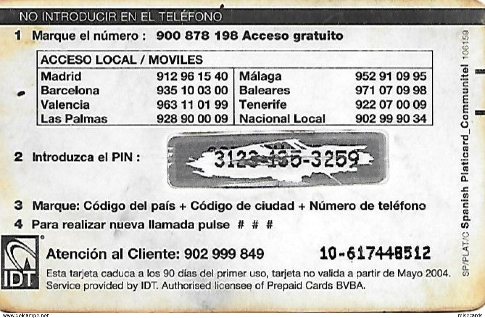 Spain: Prepaid IDT - Platicard, €10 Ptas1664 05.04 - Other & Unclassified