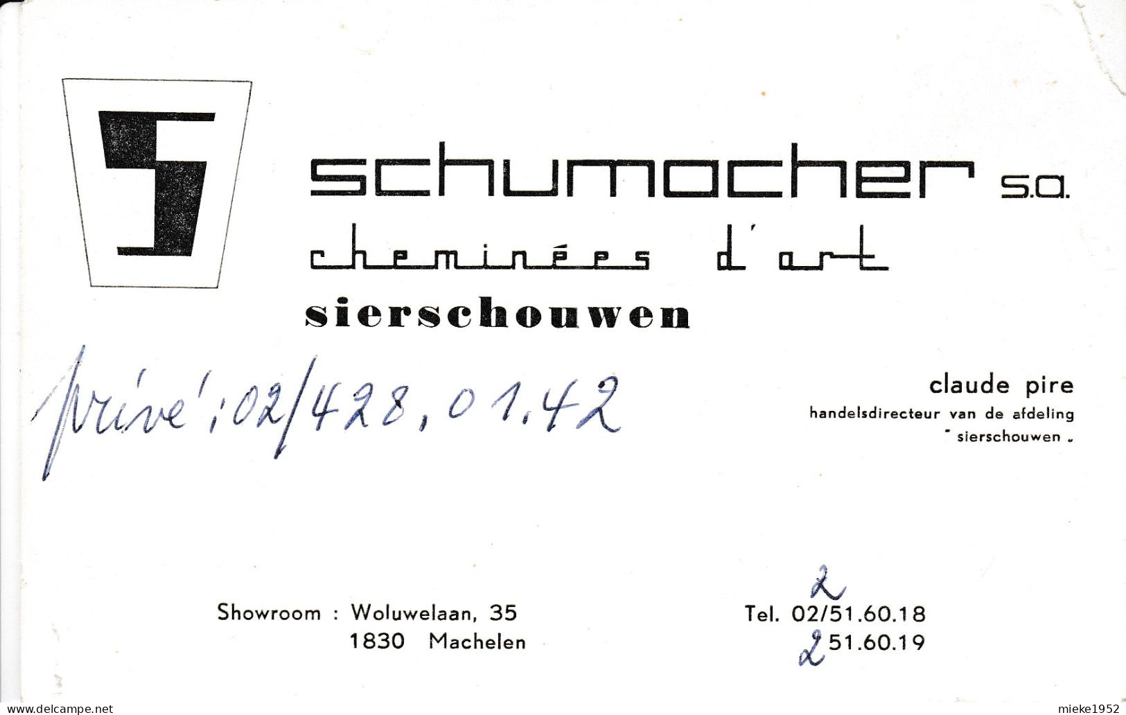 Machelen , Carte PUB ,  Schumocher Sa  Cheminée D'art   Sierschouwen - Machelen