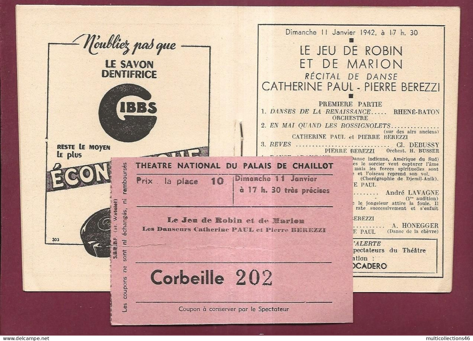 150524 - PROGRAMME THEATRE PALAIS CHAILLOT 1942 + Billet Jeu De Robin Et Marion Danse Récital - Programma's