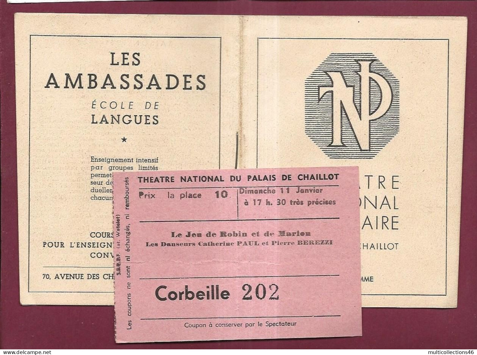 150524 - PROGRAMME THEATRE PALAIS CHAILLOT 1942 + Billet Jeu De Robin Et Marion Danse Récital - Programme