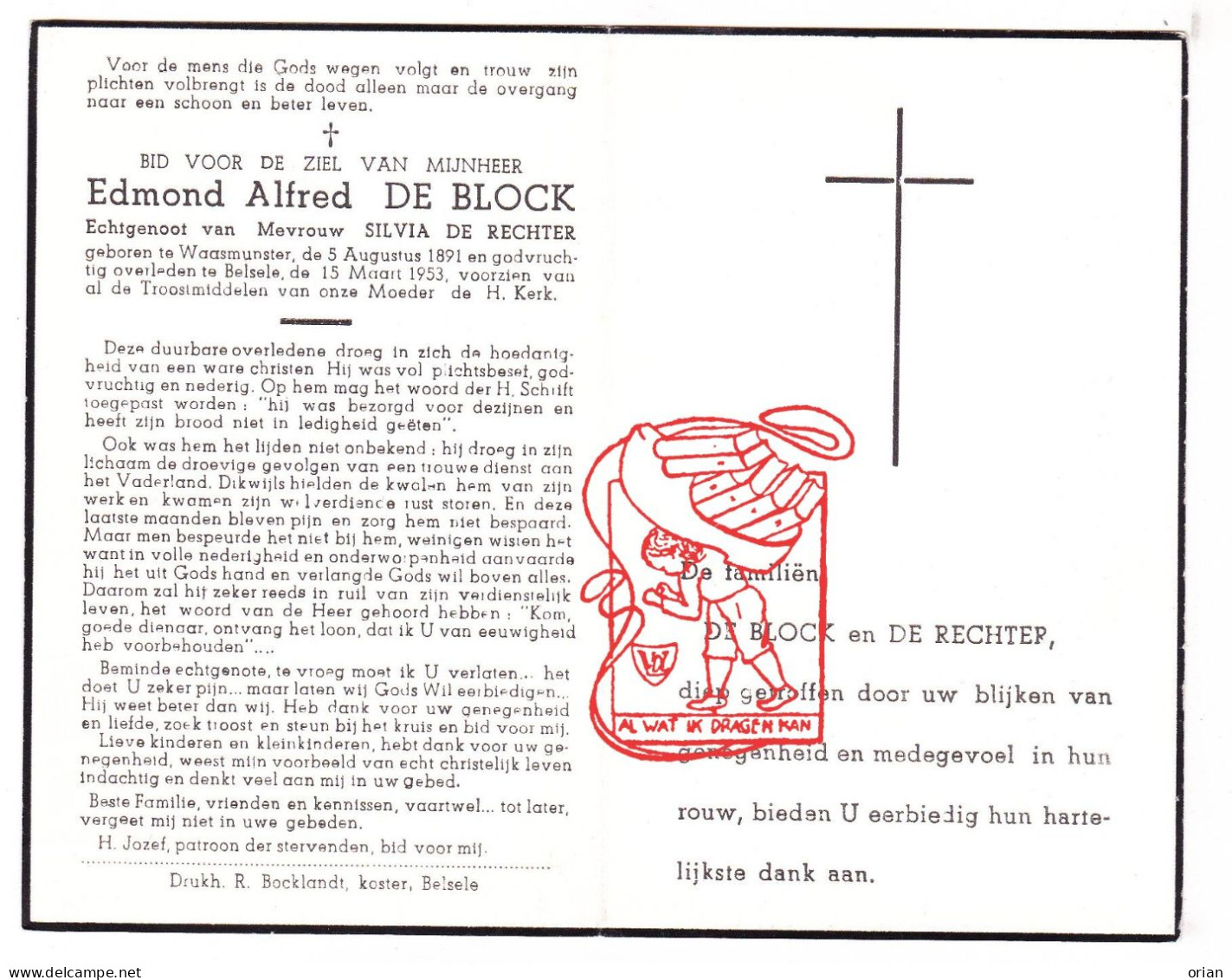 DP Edmond De Block ° Waasmunster 1891 † Belsele Sint-Niklaas 1953 X Silvia De Rechter - Images Religieuses