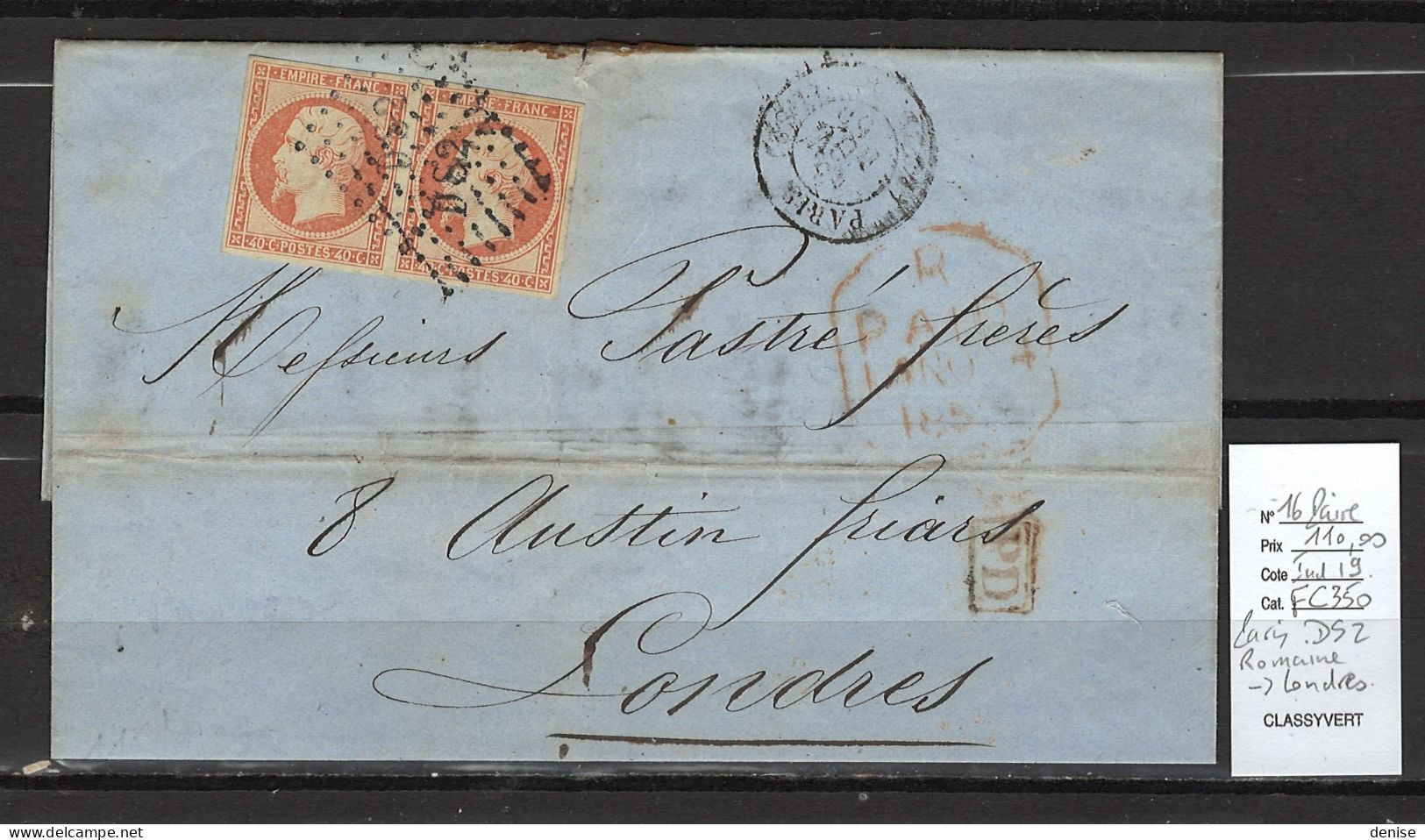 France - Lettre Paris DS2 Romaines  Pour Londres - Yvert 16 Paire - 1855 - 1849-1876: Période Classique