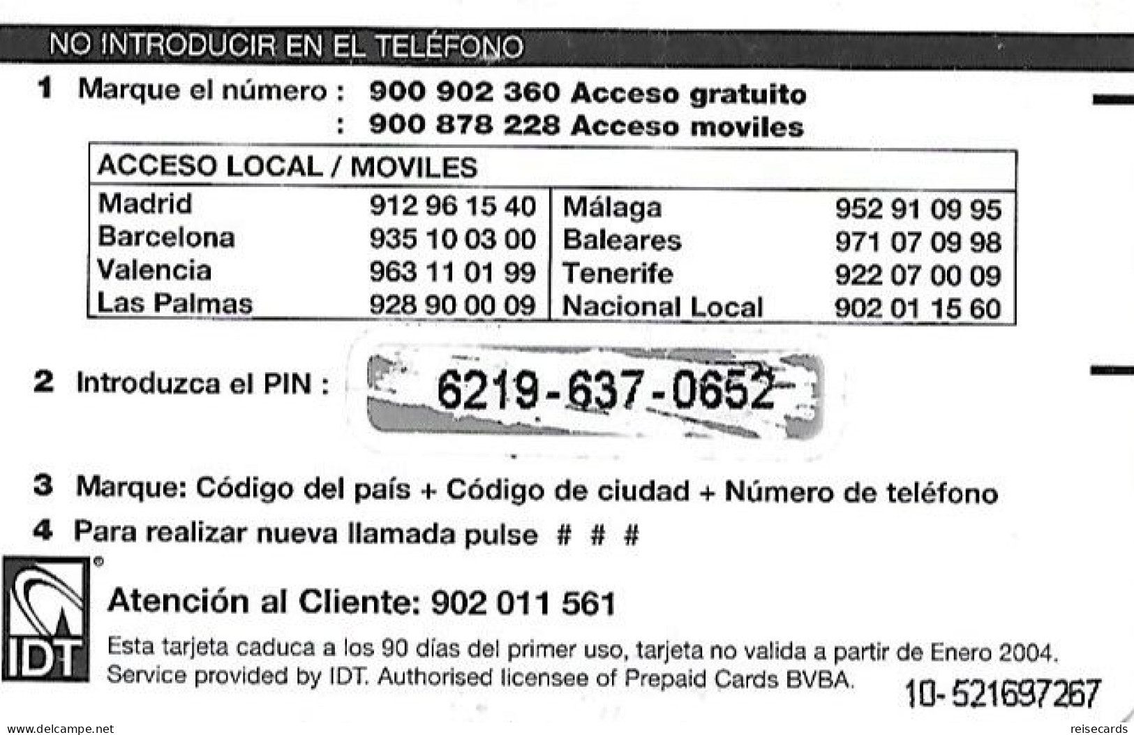 Spain: Prepaid IDT - Platicard, €10 Ptas1664 01.04 - Autres & Non Classés