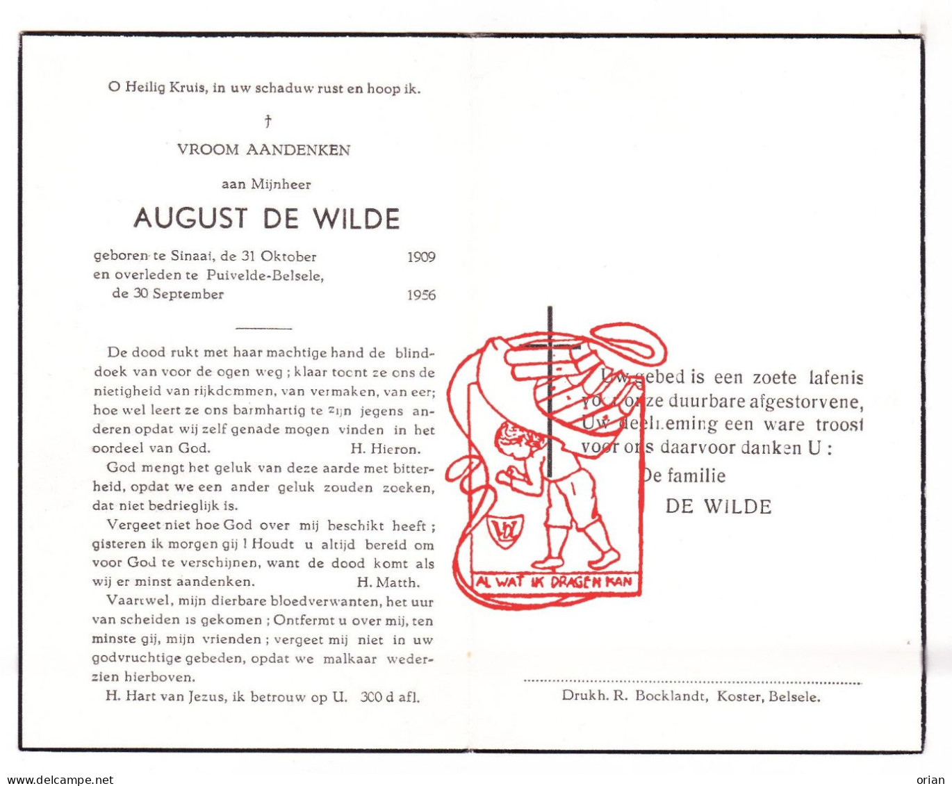 DP August De Wilde 46j. ° Sinaai Sint-Niklaas 1909 † Puivelde Belsele 1956 - Images Religieuses