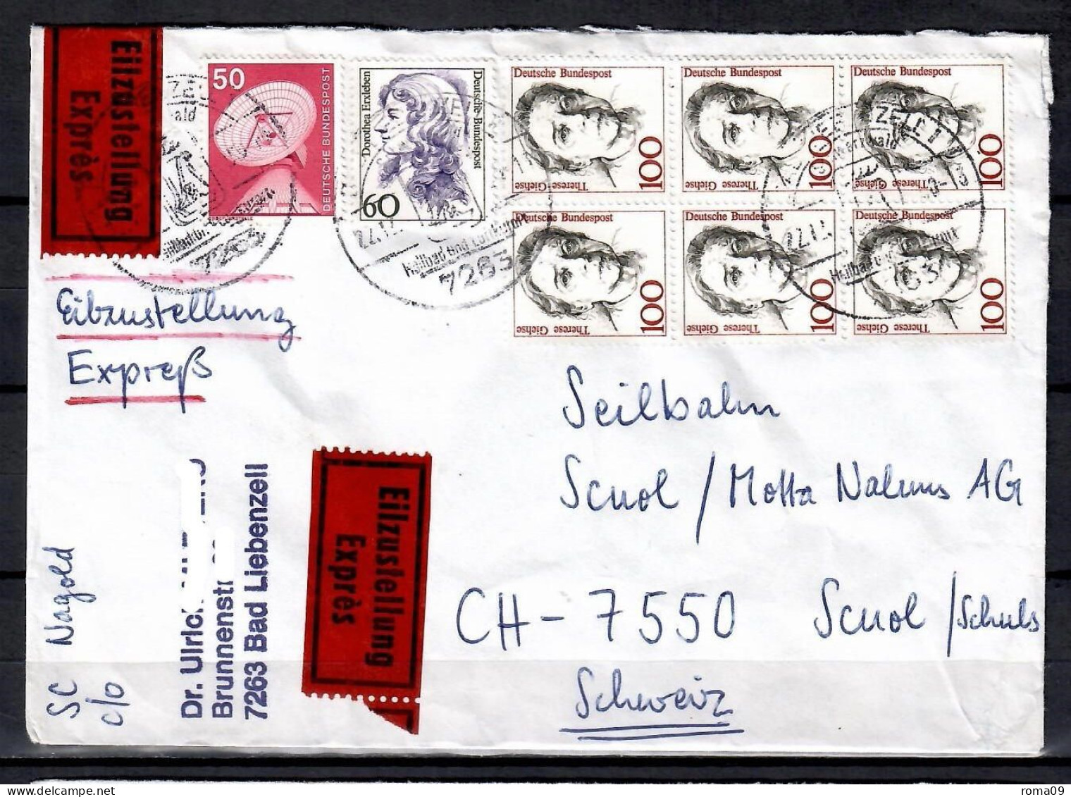 MiNr. 1390 (6x) + 851 + 1332; Frauen: Therese Giehse, Auf Portoger. Brief/Ausland/Eilzustellung In Die Schweiz; B-2099 - Briefe U. Dokumente