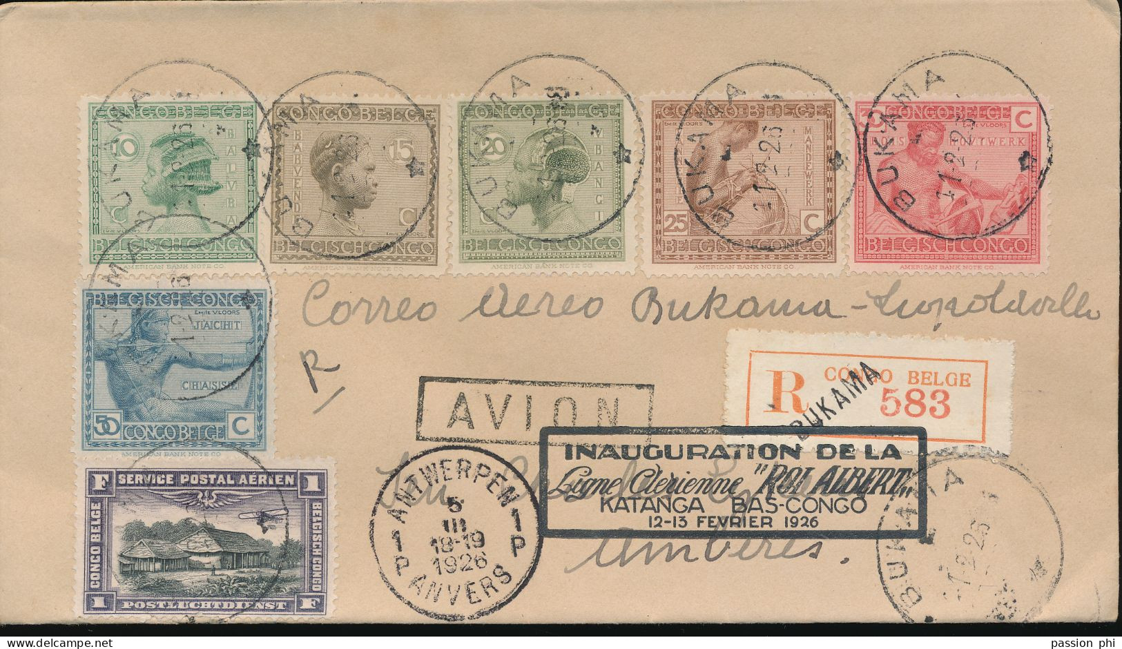BELGIAN CONGO AIR COVER 2e LARA REGISTERED COVER FROM BUKANIA 11.02.26 TO ANTWERPEN - Lettres & Documents