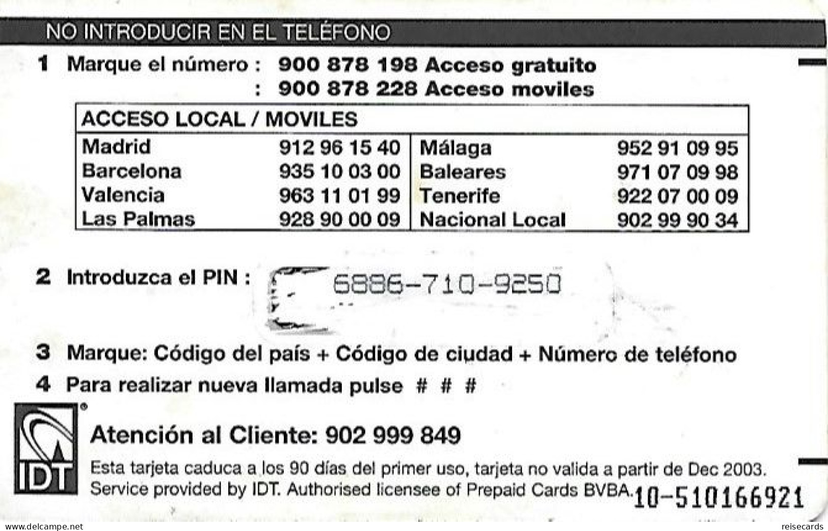 Spain: Prepaid IDT - Platicard, €10 Ptas1664 12.03 - Andere & Zonder Classificatie