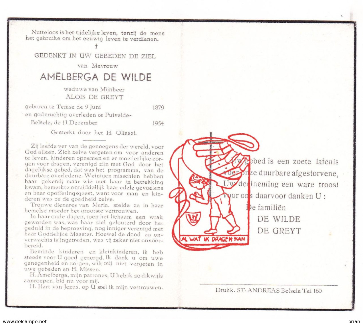 DP Amelberga De Wilde ° Temse 1879 † Puivelde Belsele Sint-Niklaas 1954 X Alois De Greyt - Devotion Images