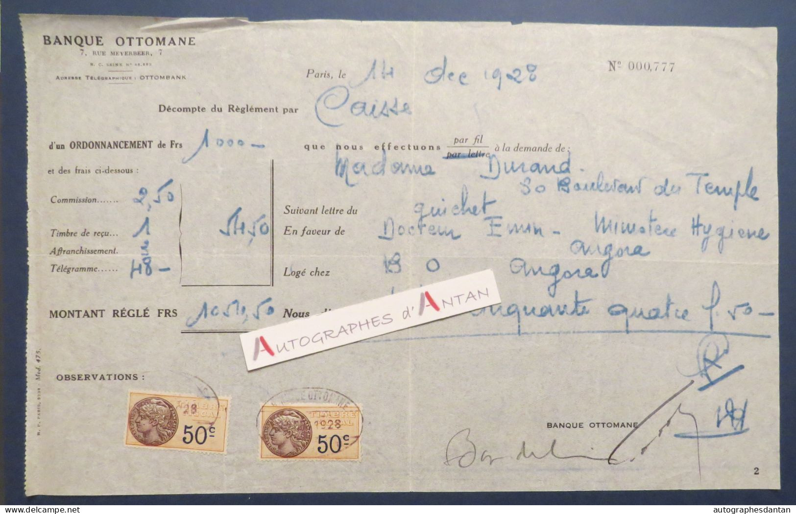 ● Banque Ottomane 1928 Décompte De Règlement Mme Durand > Docteur Ewin - Timbres Fiscaux 50c - Bank & Versicherung