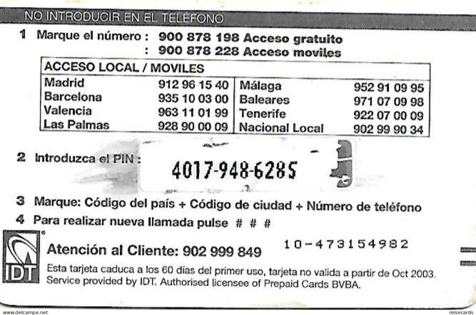 Spain: Prepaid IDT - Platicard, €10 Ptas1664 10.2003 - Sonstige & Ohne Zuordnung