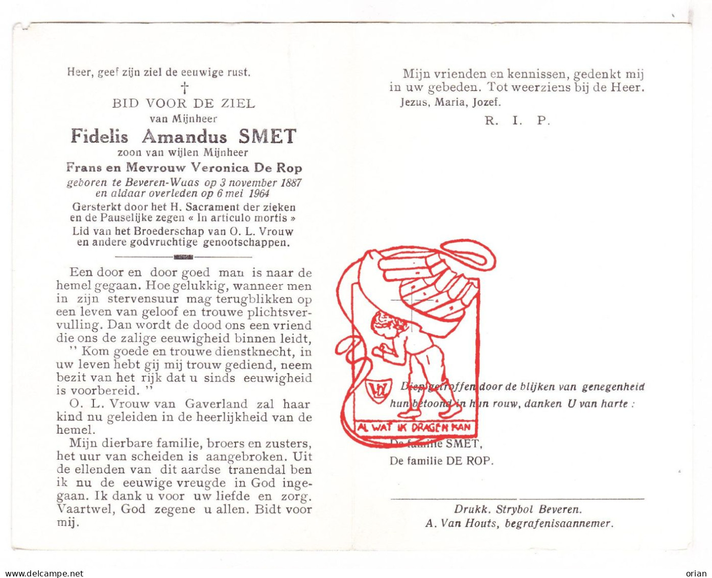 DP Fidelis Amandus Smet / De Rop ° Beveren Waas 1887 † 1964 - Images Religieuses