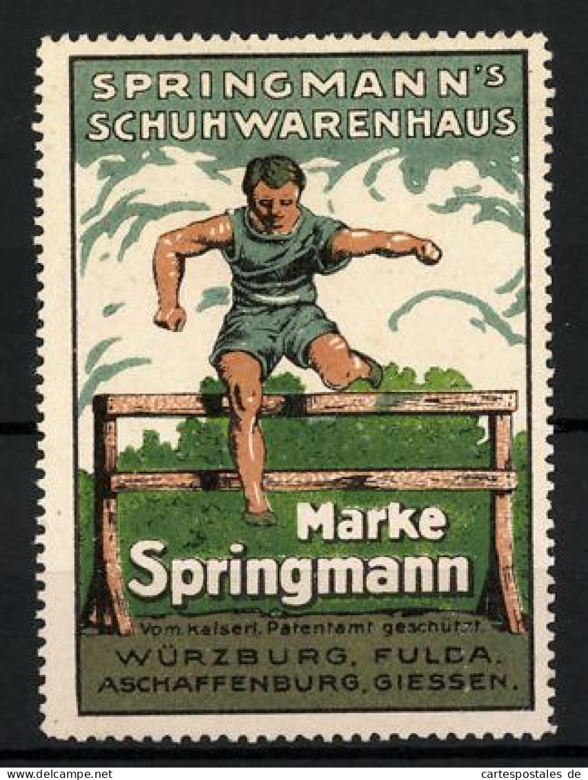 Reklamemarke Springmann Sportschuhe, Schuhwarenhaus Springmann, Würzburg & Fulda, Sportler Beim Hürdenlauf  - Vignetten (Erinnophilie)