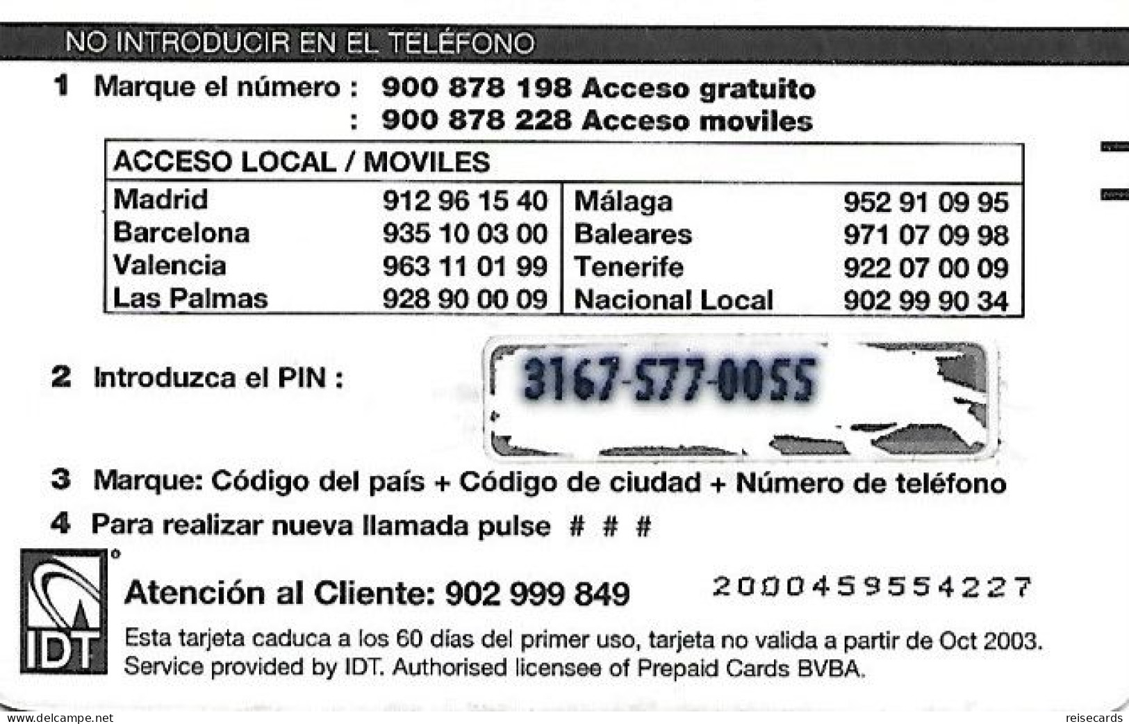 Spain: Prepaid IDT - Platicard, Ptas2000 10.03 - Autres & Non Classés