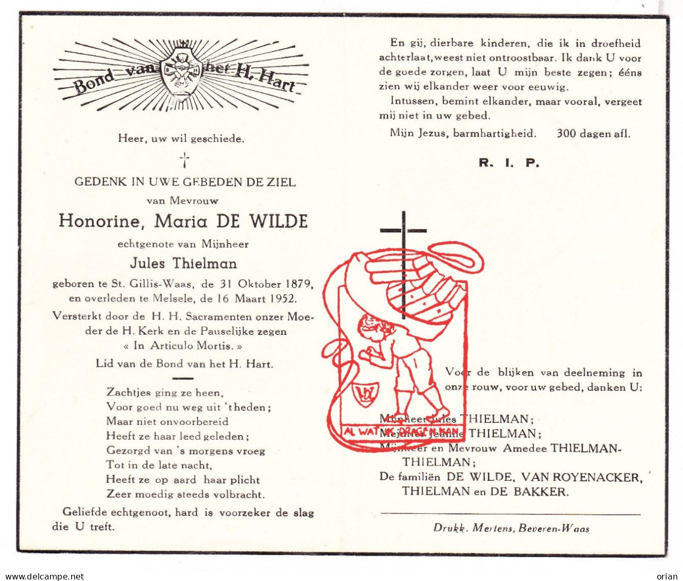 DP Honorine De Wilde ° Sint-Gillis-Waas 1879 † Melsele Beveren Waas 1952 X Jules Thielman // Van Royenacker De Bakker - Images Religieuses