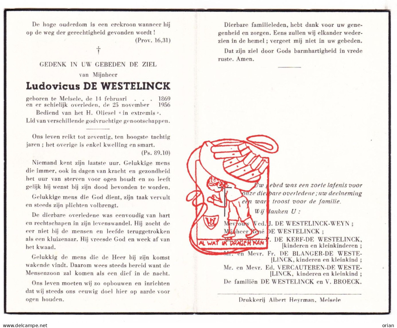 DP Ludovicus De Westelinck ° Melsele Beveren Waas 1869 † 1956 Weyn De Kerf De Blanger Vercauteren Van Broeck - Devotieprenten