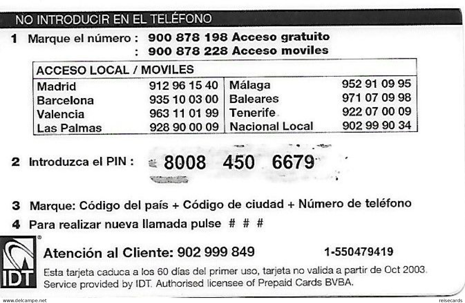 Spain: Prepaid IDT - Platicard, Promocional 01.08 - Altri & Non Classificati