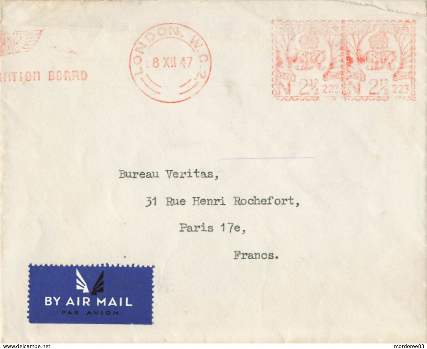 COVER AIR REGISTRATION BOARD LONDON 8/12/1947 EMA FROM PARIS - Franking Machines (EMA)