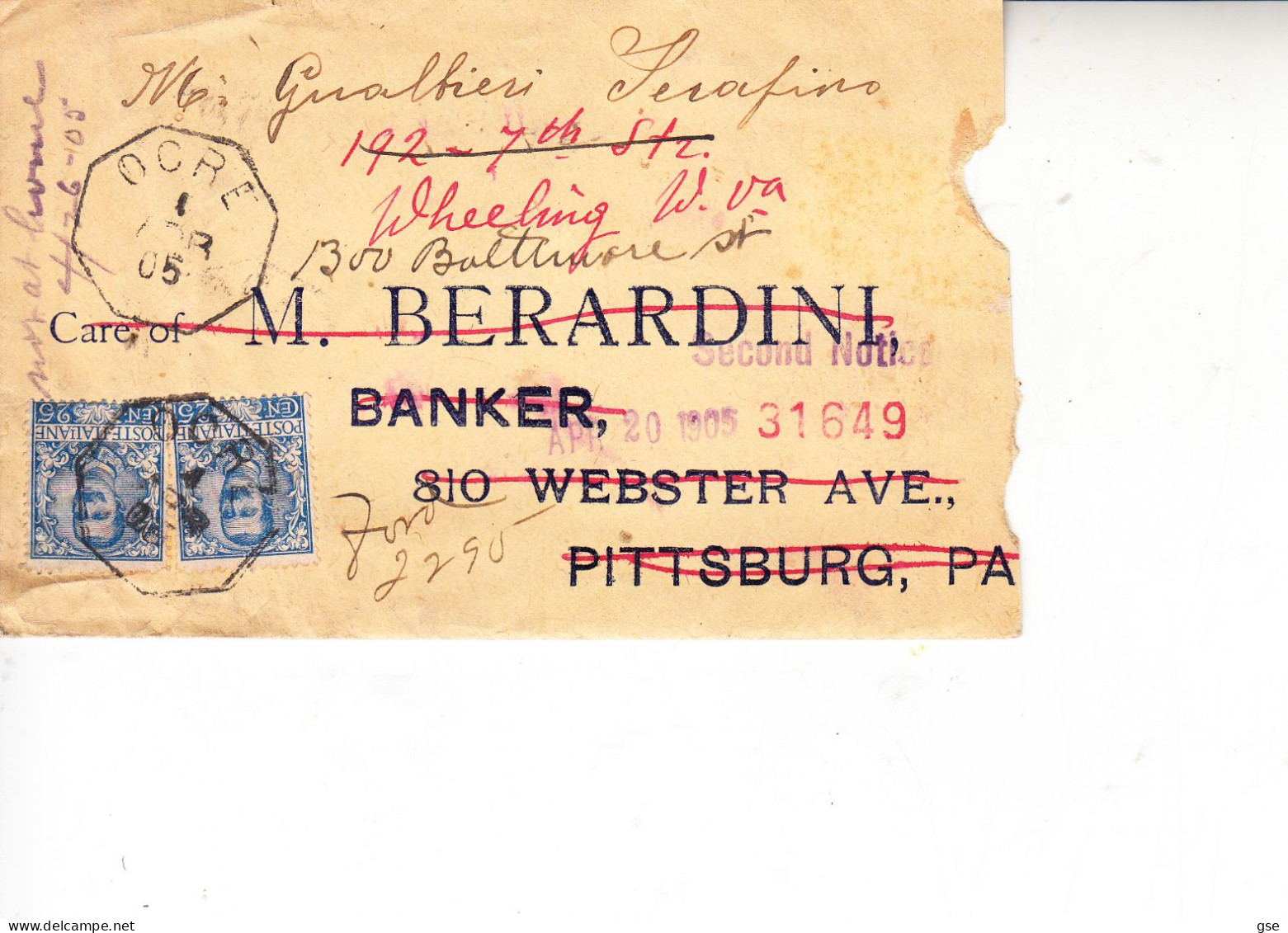 ITALIA 1905 - Lettera Per Banca In America - Poststempel