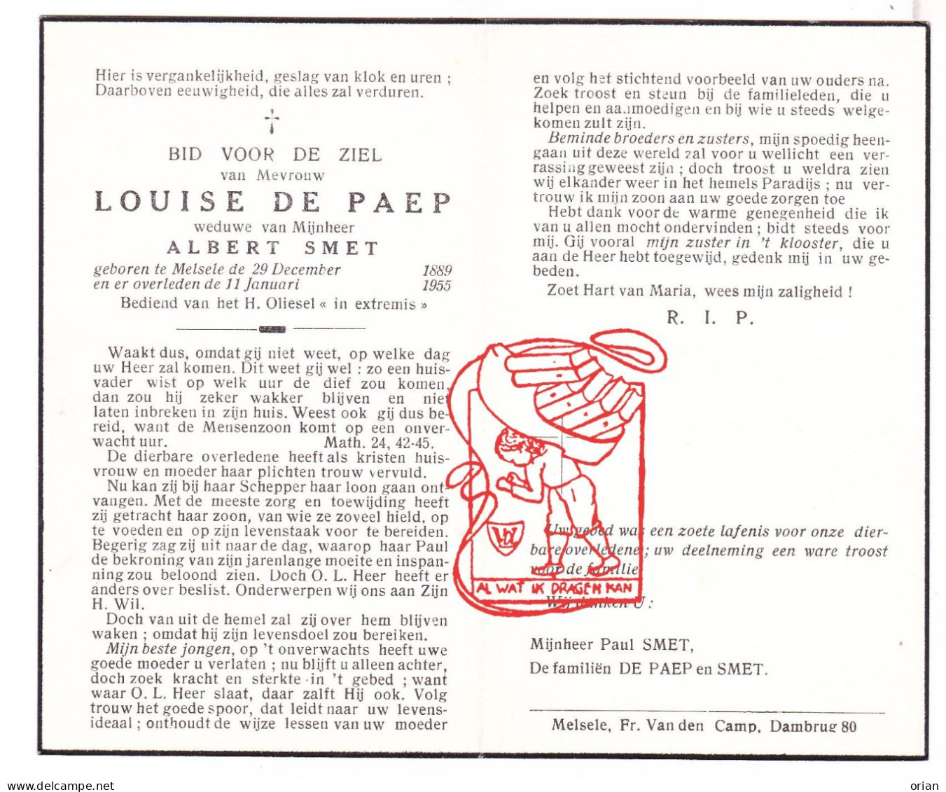 DP Louise De Paep ° Melsele Beveren Waas 1889 † 1965 X Albert Smet - Images Religieuses