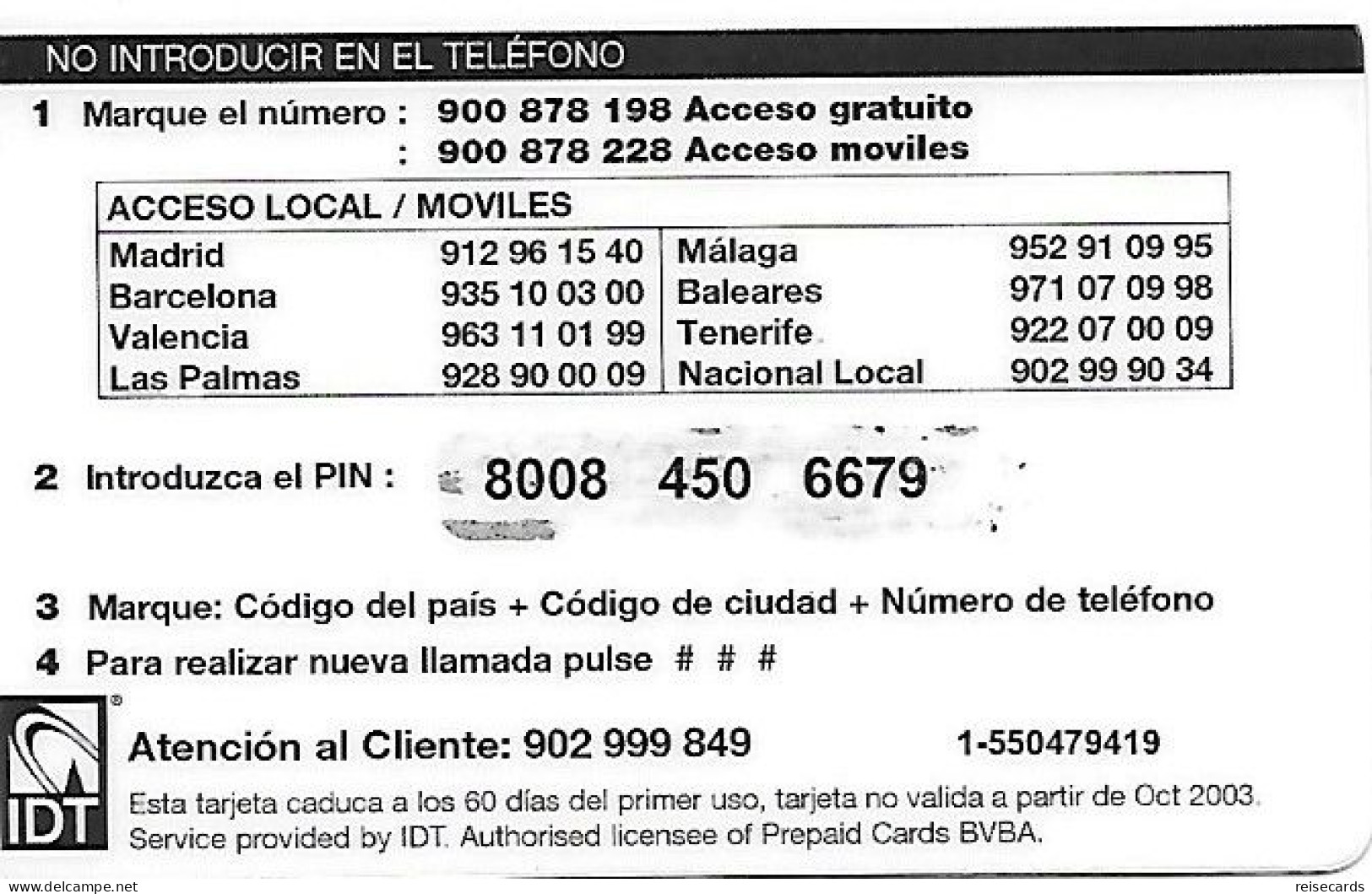 Spain: Prepaid IDT - Platicard, Promocional 10.03 - Sonstige & Ohne Zuordnung