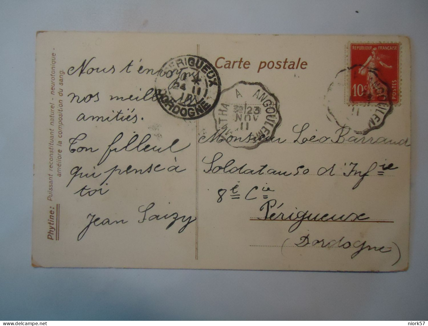 FRANCE  POSTCARDS ANGOULEME POSTMARK AND STAMPS 1911 - Sonstige & Ohne Zuordnung