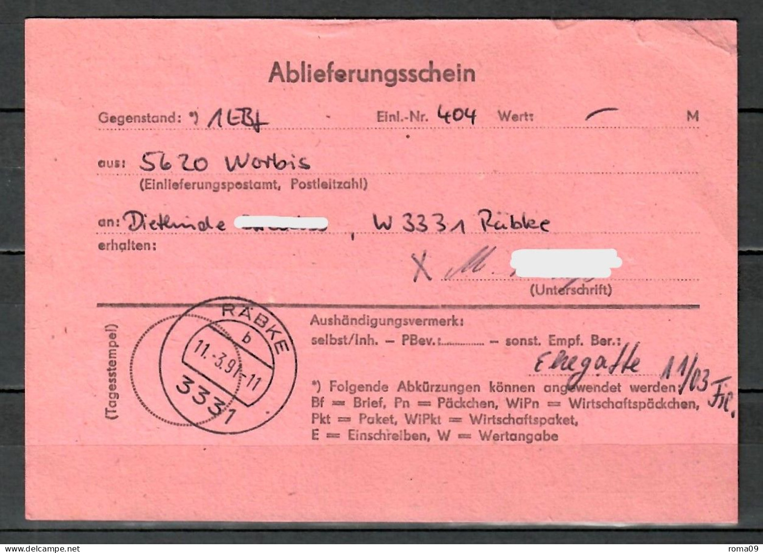 MiNr. 1393; Frauen: Hedwig Dransfeld Auf Portoger. E-Brief Mit Rückschein Von Worbis (VGO) Nach Räbke (VGW); B-2138 - Cartas & Documentos