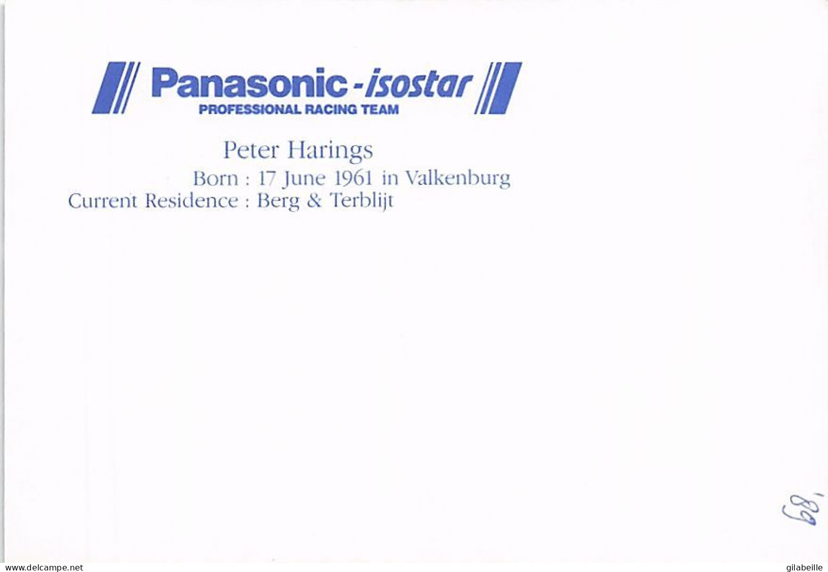 Vélo - Cyclisme -  Coureur Cycliste Hollandais Peter Harings - Team Panasonic - 1989 - Wielrennen