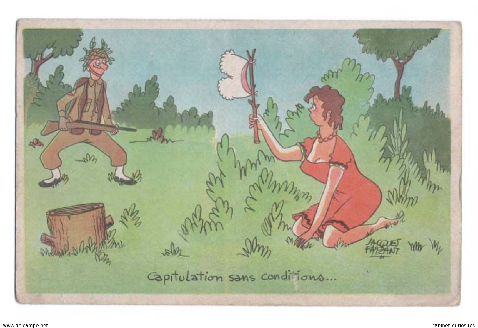 Illustration De Jacques FAIZANT - Capitulation Sans Conditions - Culotte En Guise De Drapeau Blanc - Militaire - Humour - Faizant