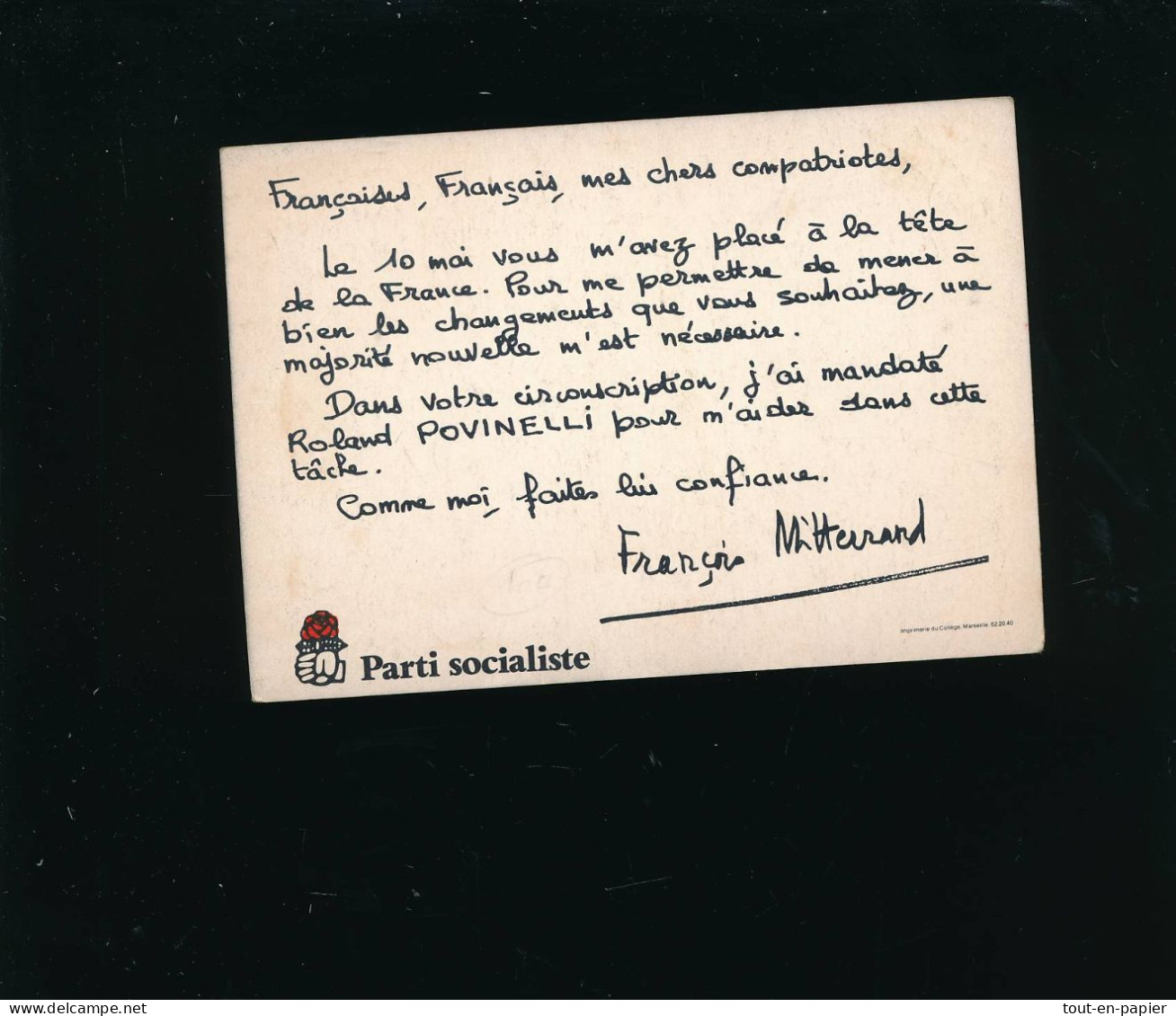 CPSM Campagne Présidentielle Française,parti Socialiste FRANCOIS MITTERRAND Povinelli - Political Parties & Elections