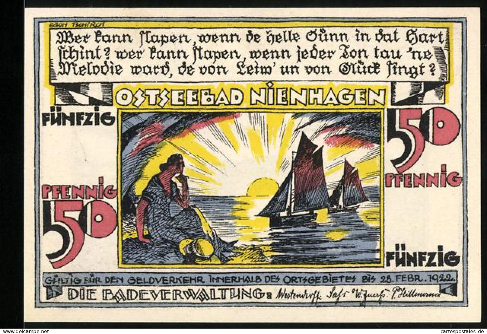 Notgeld Nienhagen /Ostsee 1922, 10 Pfennig, Frau Am Ufer Und Segelboote  - [11] Emissions Locales