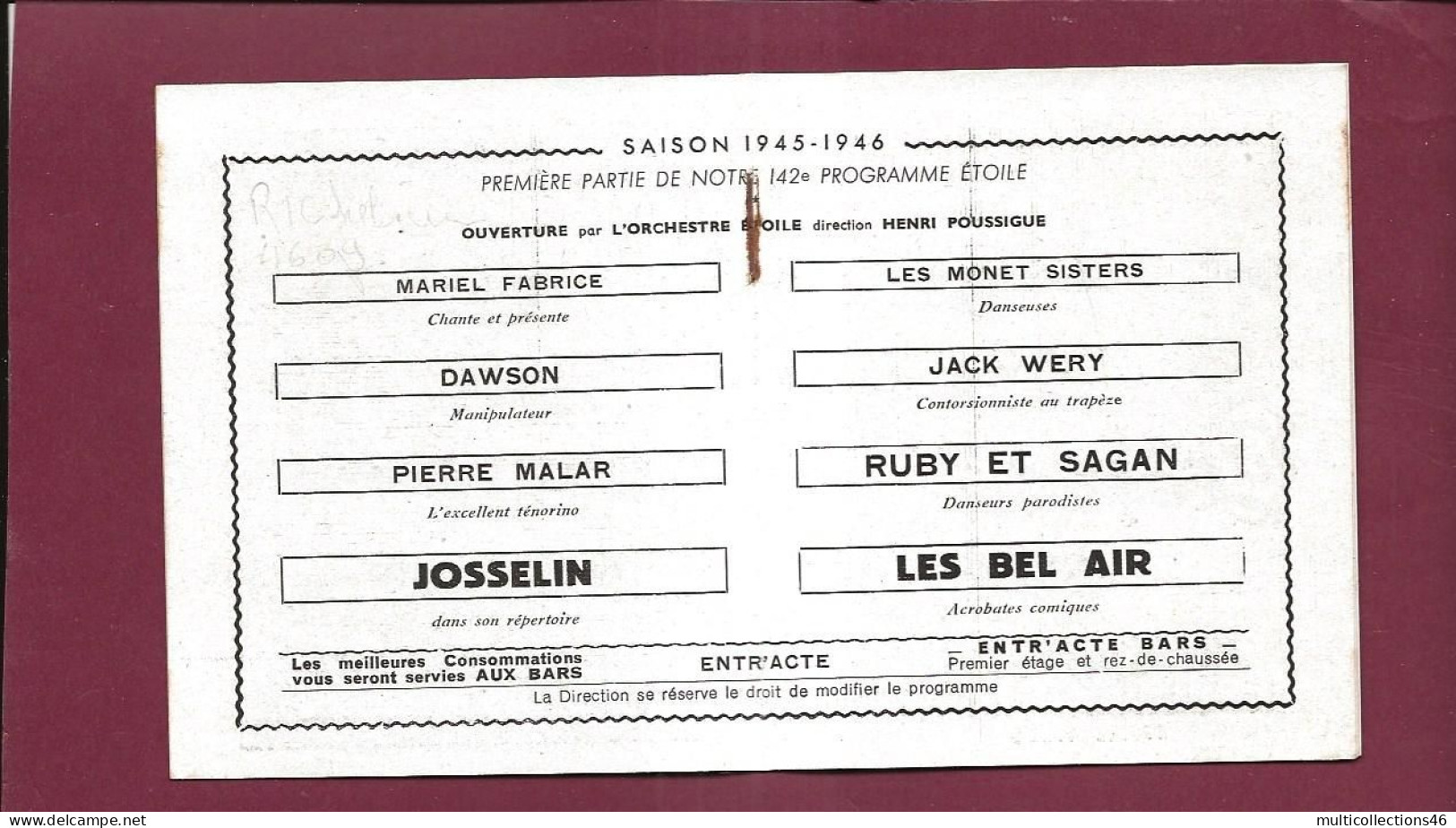 150524A - PROGRAMME THEATRE DE L'ETOILE - Music Hall 1945 46 EDITH PIAF Orchestre Etoile Acrobate Les Bel Air - Programme