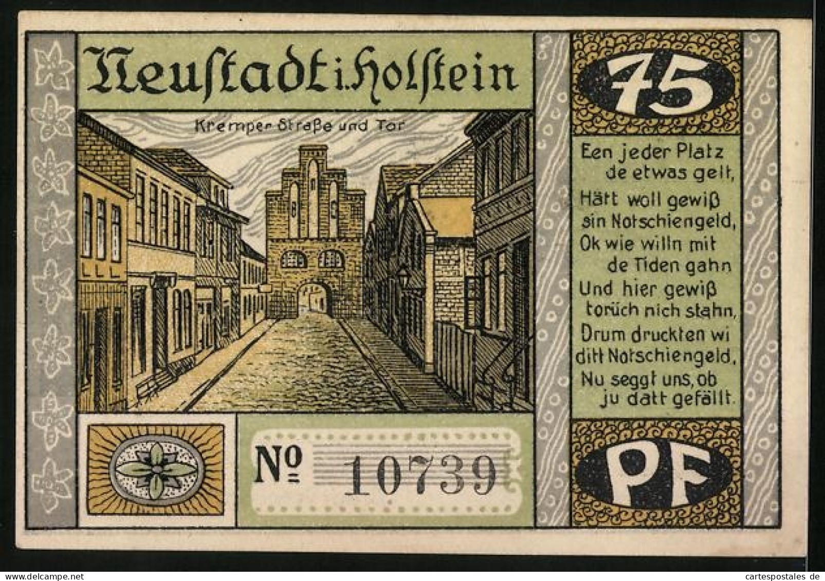 Notgeld Neustadt I. Holstein, 75 Pfennig, Der Grosse Brand Von 1817, Kremper Strasse Und Tor  - [11] Emissions Locales