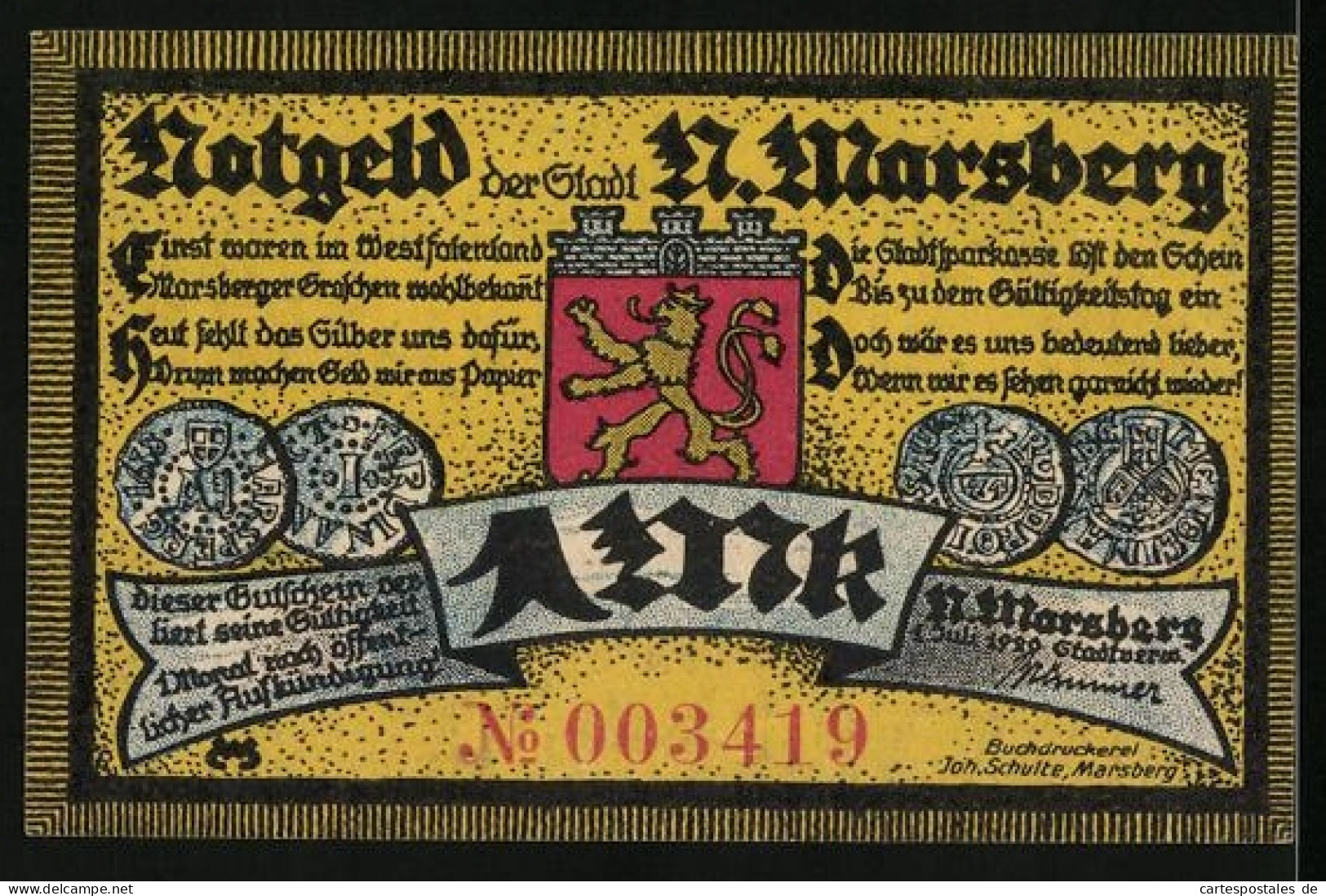 Notgeld N. Marsberg 1920, 1 Mark, Das Diemelthor  - [11] Emissions Locales