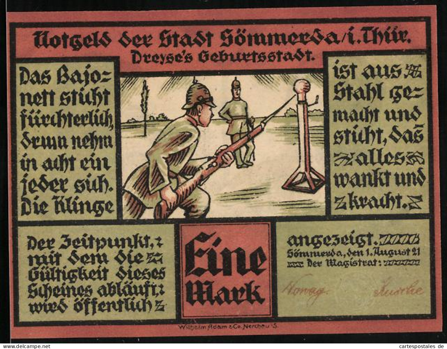 Notgeld Sömmerda /Th. 1921, 1 Mark, Soldat Mit Bajonett, Wappen, Portraits Nikolaus Von Dreyse U. Ch. G. Salzmann  - [11] Emissions Locales