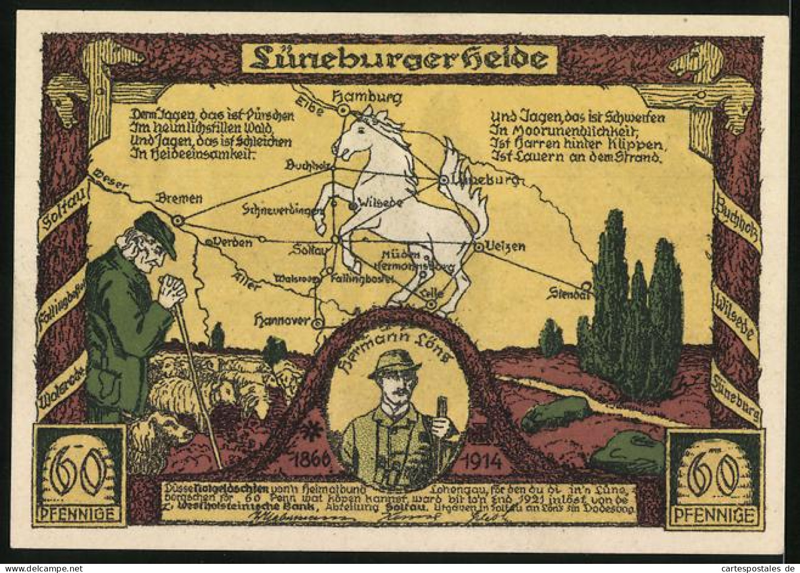 Notgeld Soltau 1921, 60 Pfennig, Buchholz, Schafstall Und Bienenzaun, Landkarte Lüneb. Heide Mit Schäfer, H. Löns  - [11] Local Banknote Issues