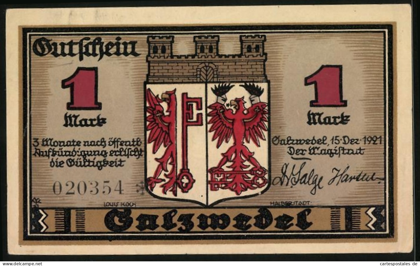 Notgeld Salzwedel 1921, 1 Mark, Wappen, Die Probstei  - [11] Local Banknote Issues