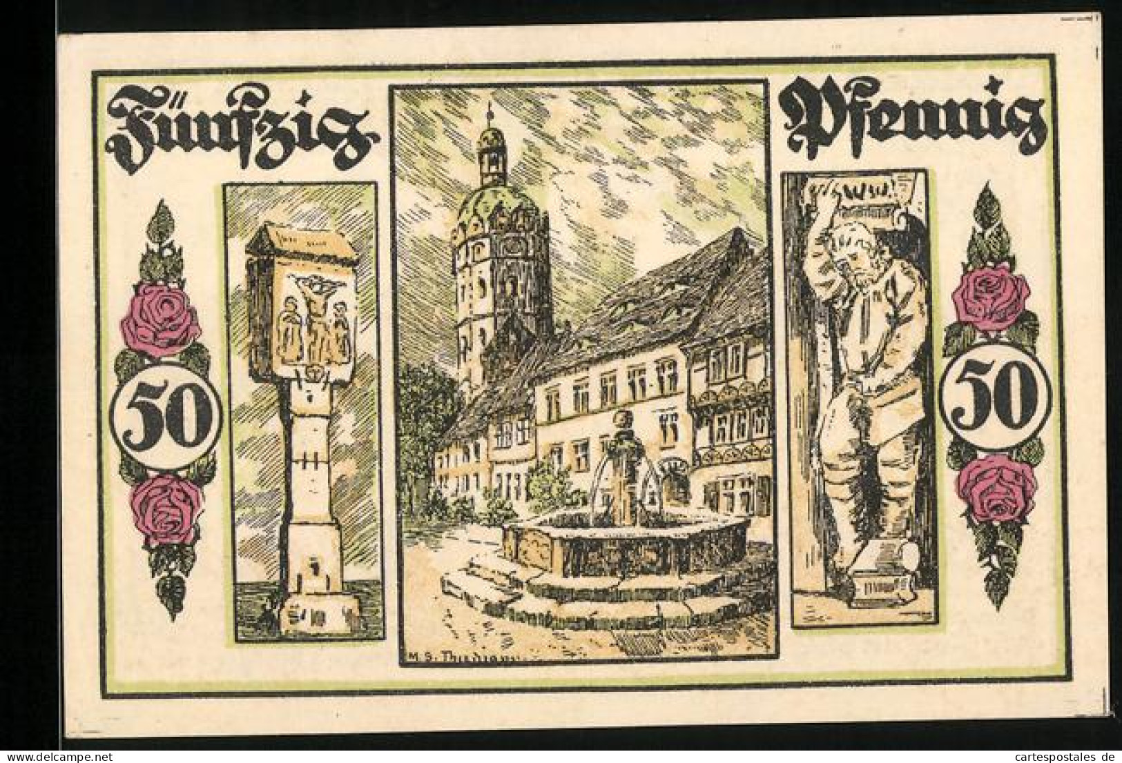 Notgeld Sangerhausen 1921, 50 Pfennig, Rosen, Wappen, Ortspartie Mit Brunnen, Figur, Säulendenkmal  - [11] Emissions Locales