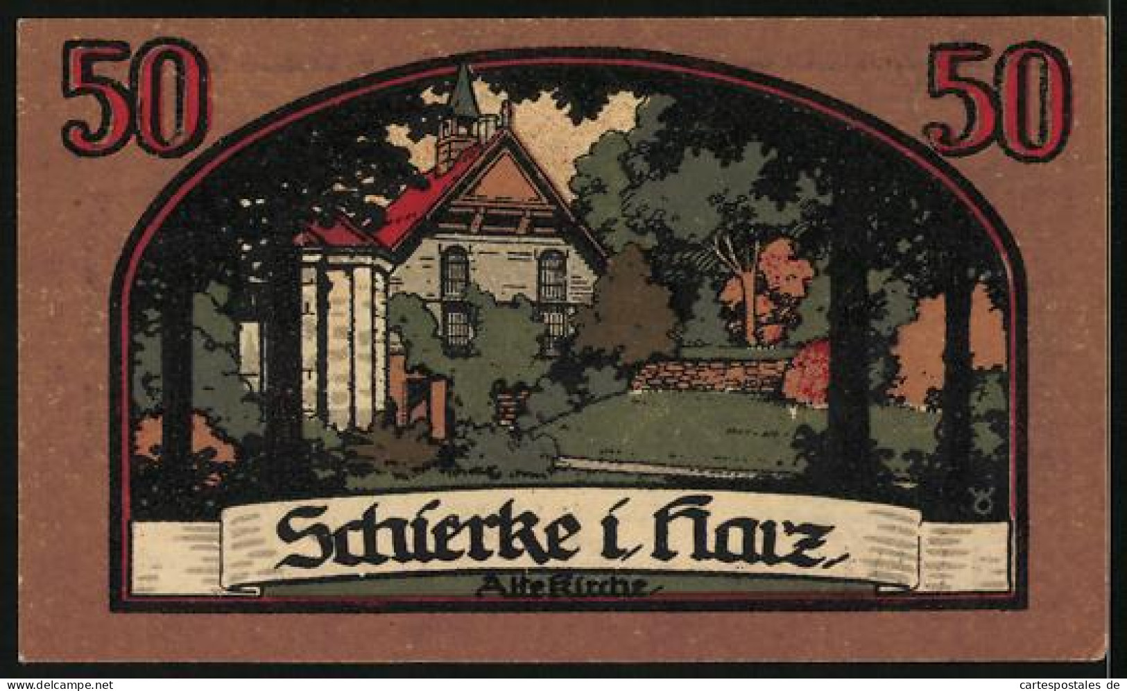 Notgeld Schierke I. Harz 1921, 50 Pfennig, Goethe, Faust Und Mephisto Blicken über Das Land, Alte Kirche  - [11] Emissions Locales