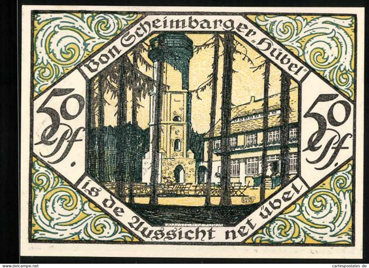 Notgeld Scheibenberg 1921, 50 Pfennig, Bergmann Mit Schriftrolle Und Beil Vor Dem Ort, Aussichtsturm Scheimbarger Hüb  - [11] Emissions Locales