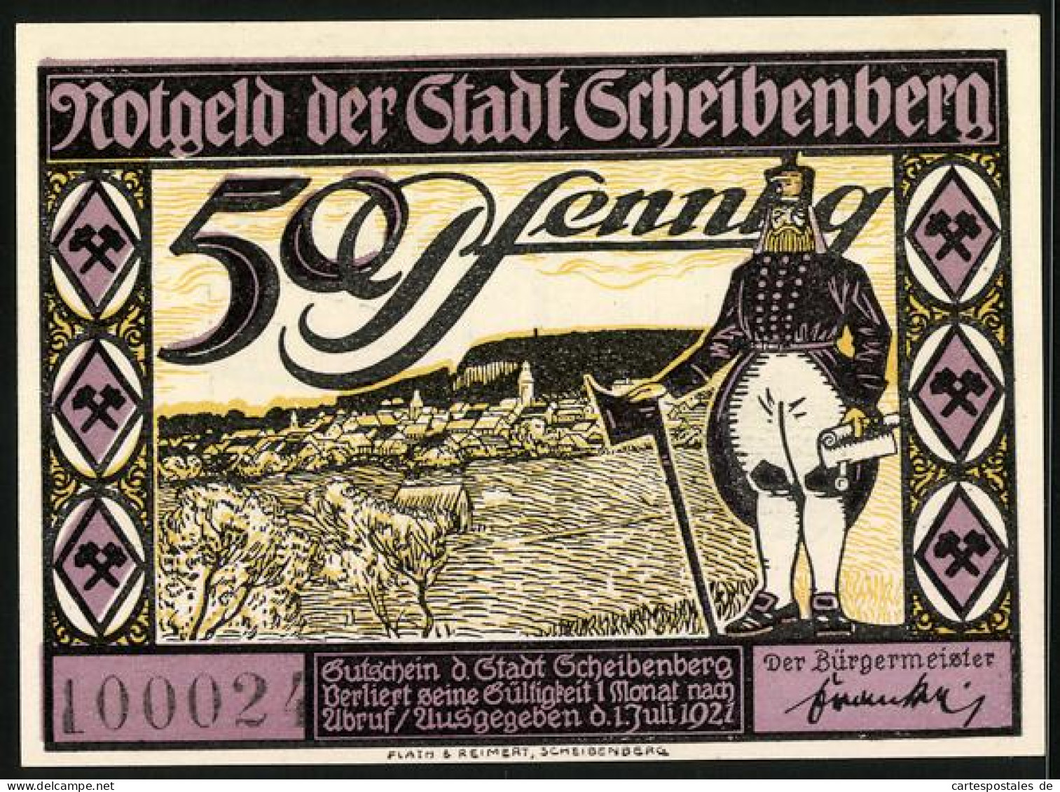 Notgeld Scheibenberg 1921, 50 Pfennig, Bergmann Mit Schriftrolle Und Beil Vor Dem Ort, Aussichtsturm Scheimbarger Hüb  - [11] Local Banknote Issues